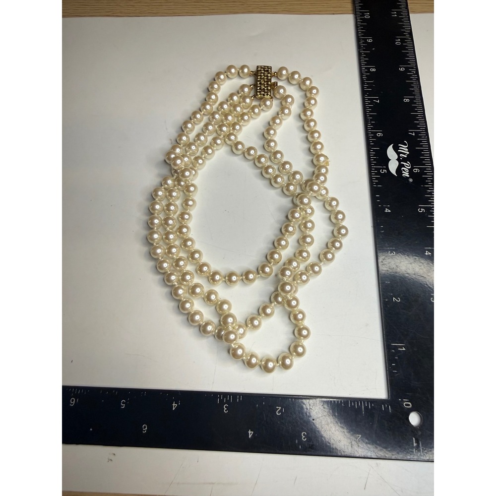 Triple Strand Faux Pearl Necklace Gold Tone Basketweave Box Clasp Creamy White